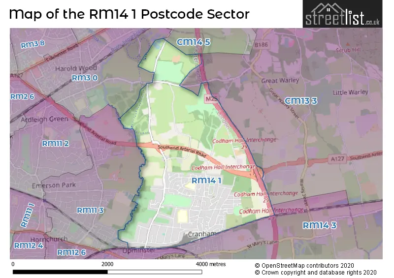 Map of the RM14 1 and surrounding postcode sector