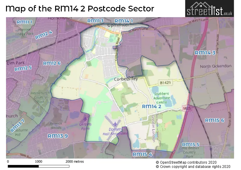 Map of the RM14 2 and surrounding postcode sector