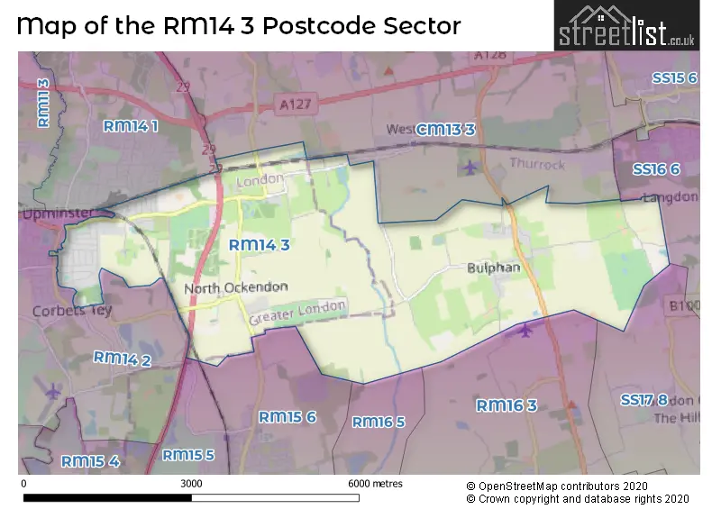 Map of the RM14 3 and surrounding postcode sector