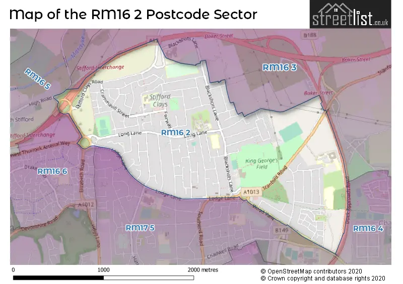 Map of the RM16 2 and surrounding postcode sector