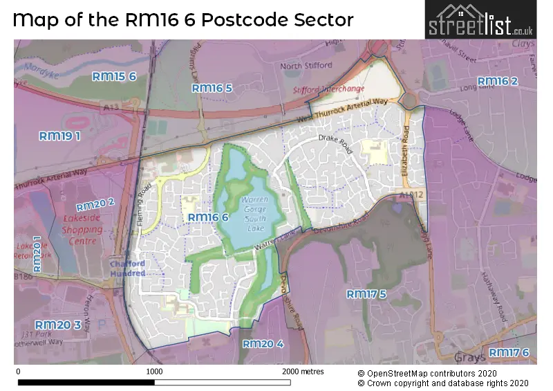 Map of the RM16 6 and surrounding postcode sector