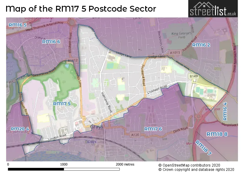 Map of the RM17 5 and surrounding postcode sector