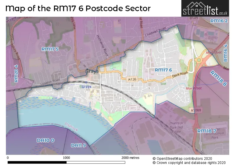 Map of the RM17 6 and surrounding postcode sector