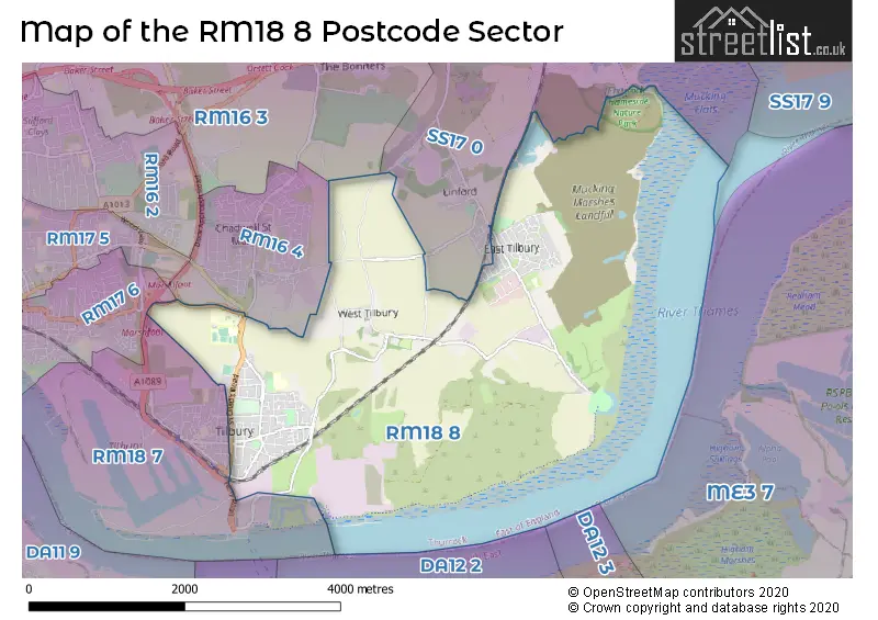Map of the RM18 8 and surrounding postcode sector