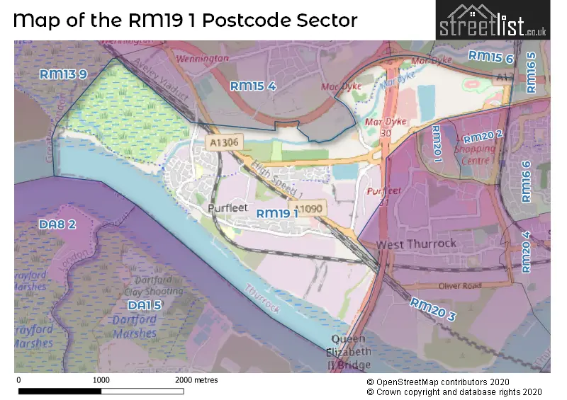 Map of the RM19 1 and surrounding postcode sector