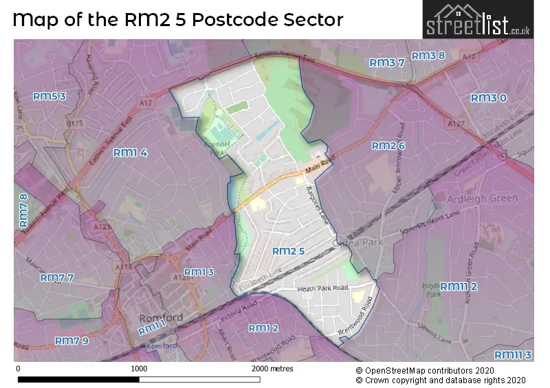 Map of the RM2 5 and surrounding postcode sector