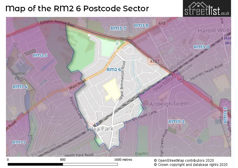 Map of the RM2 6 and surrounding postcode sector