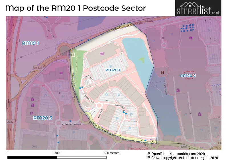 Map of the RM20 1 and surrounding postcode sector
