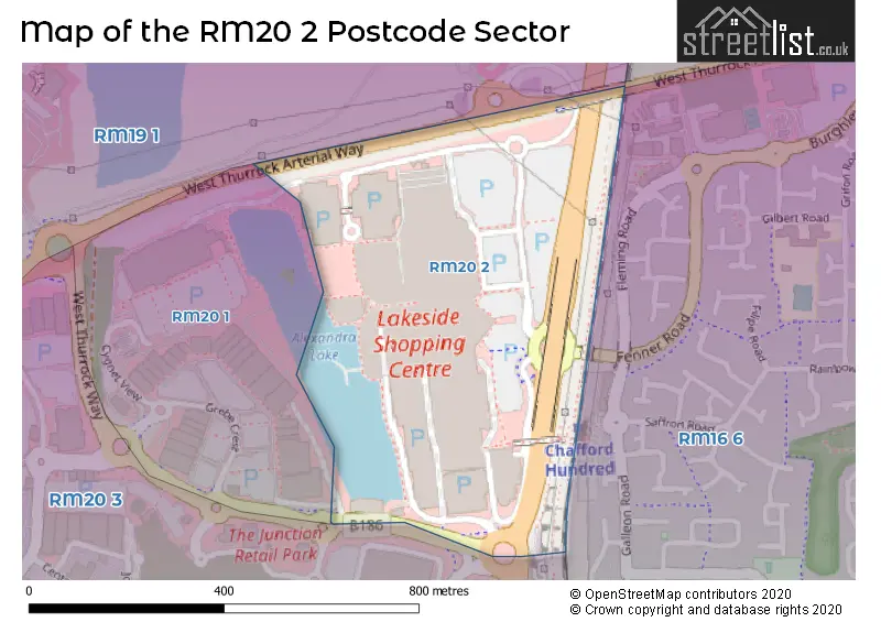 Map of the RM20 2 and surrounding postcode sector
