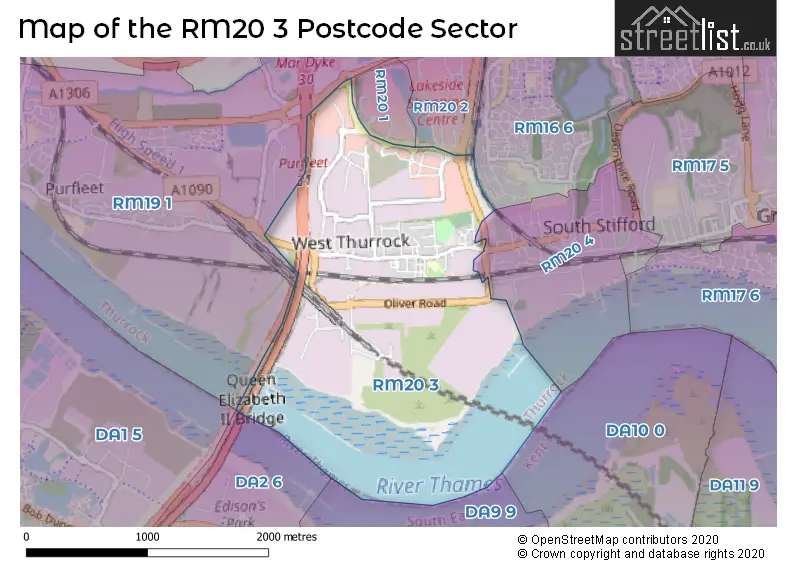 Map of the RM20 3 and surrounding postcode sector