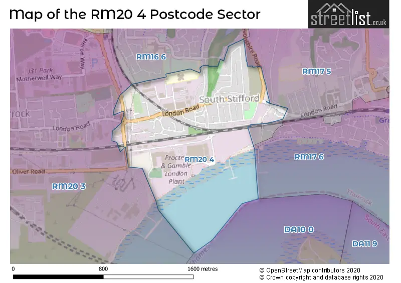 Map of the RM20 4 and surrounding postcode sector