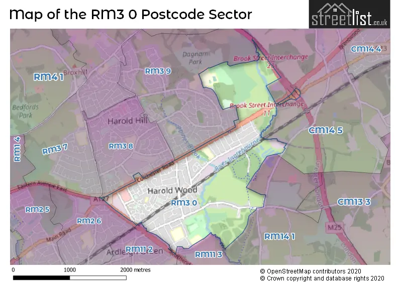 Map of the RM3 0 and surrounding postcode sector