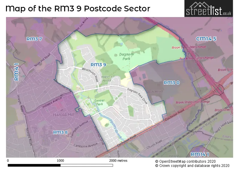 Map of the RM3 9 and surrounding postcode sector