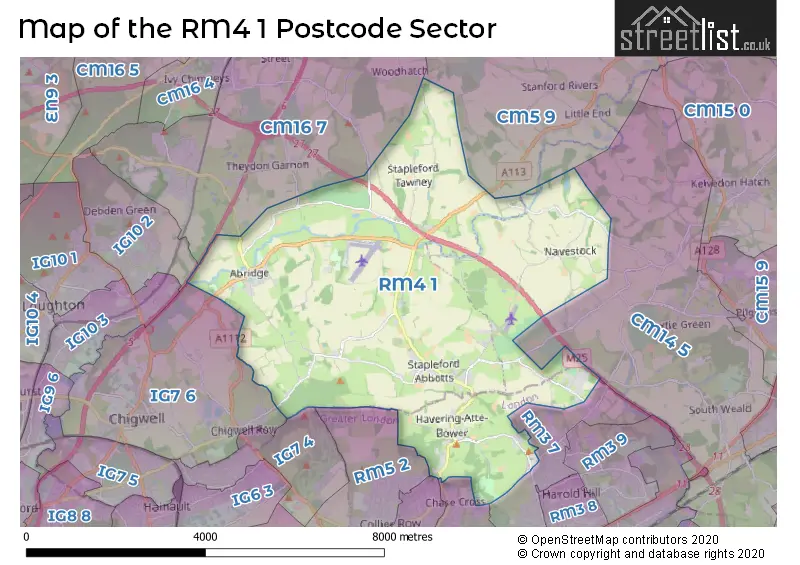 Map of the RM4 1 and surrounding postcode sector