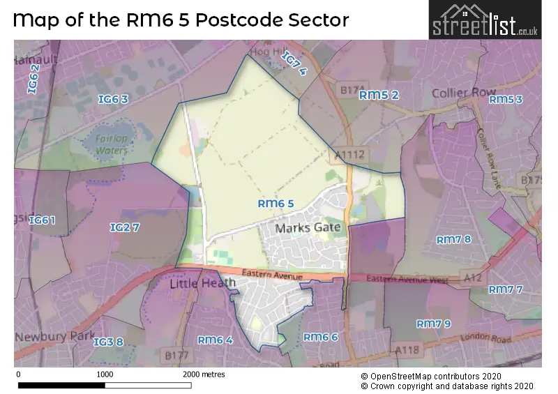 Map of the RM6 5 and surrounding postcode sector