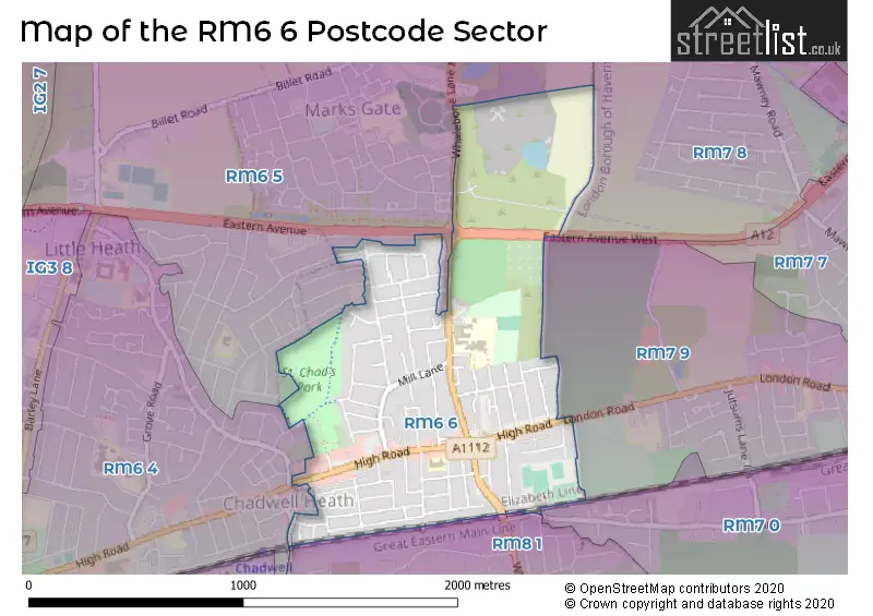 Map of the RM6 6 and surrounding postcode sector