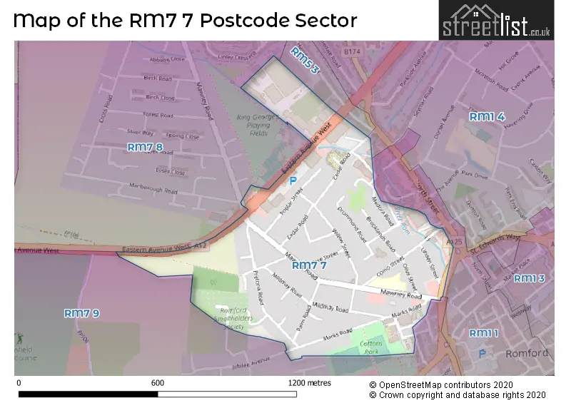Map of the RM7 7 and surrounding postcode sector