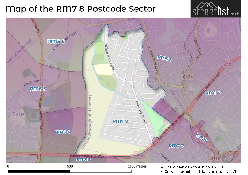 Map of the RM7 8 and surrounding postcode sector
