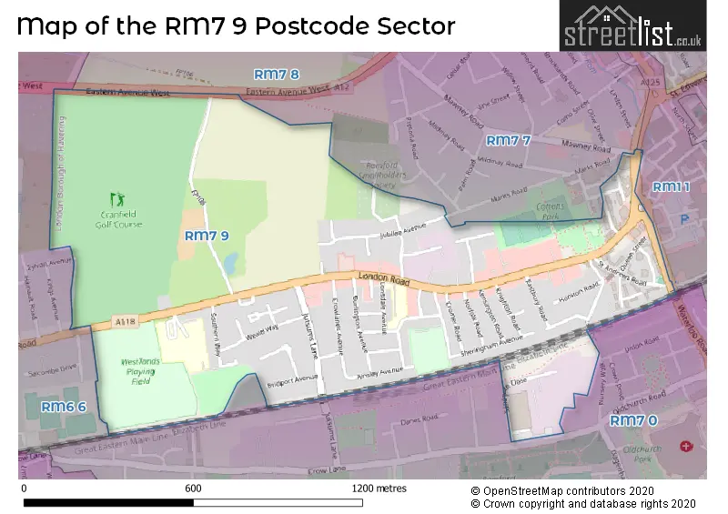 Map of the RM7 9 and surrounding postcode sector