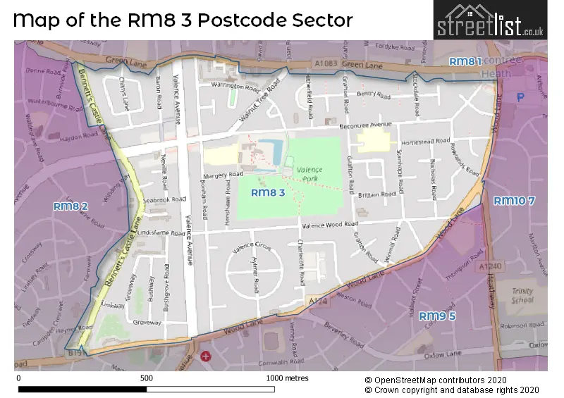 Map of the RM8 3 and surrounding postcode sector