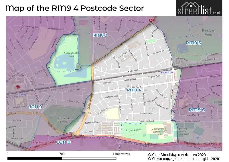 Map of the RM9 4 and surrounding postcode sector