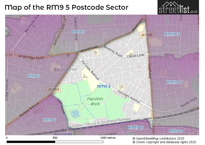 Map of the RM9 5 and surrounding postcode sector