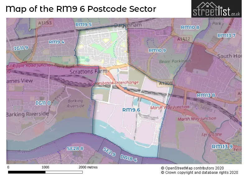 Map of the RM9 6 and surrounding postcode sector