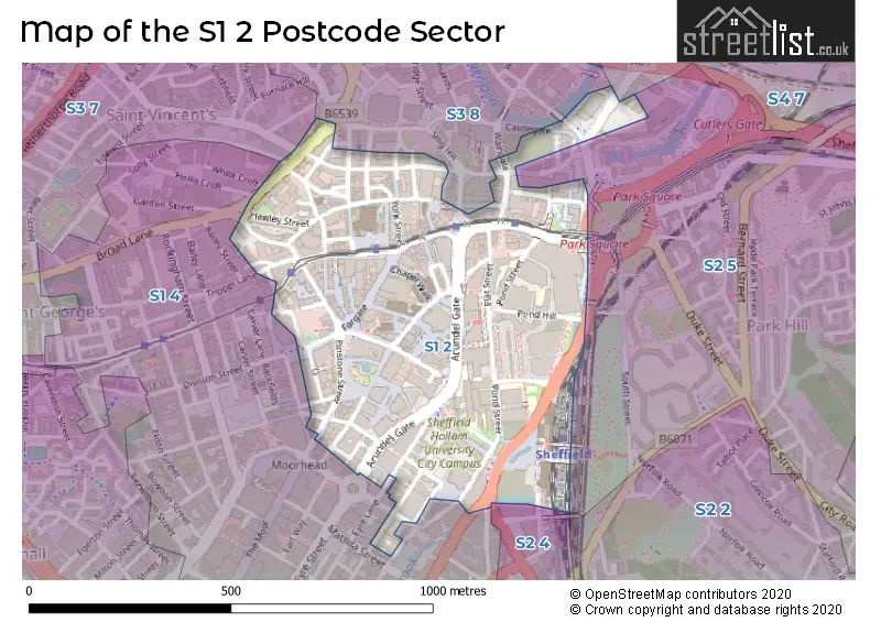 Map of the S1 2 and surrounding postcode sector