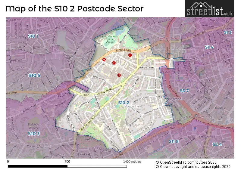 Map of the S10 2 and surrounding postcode sector