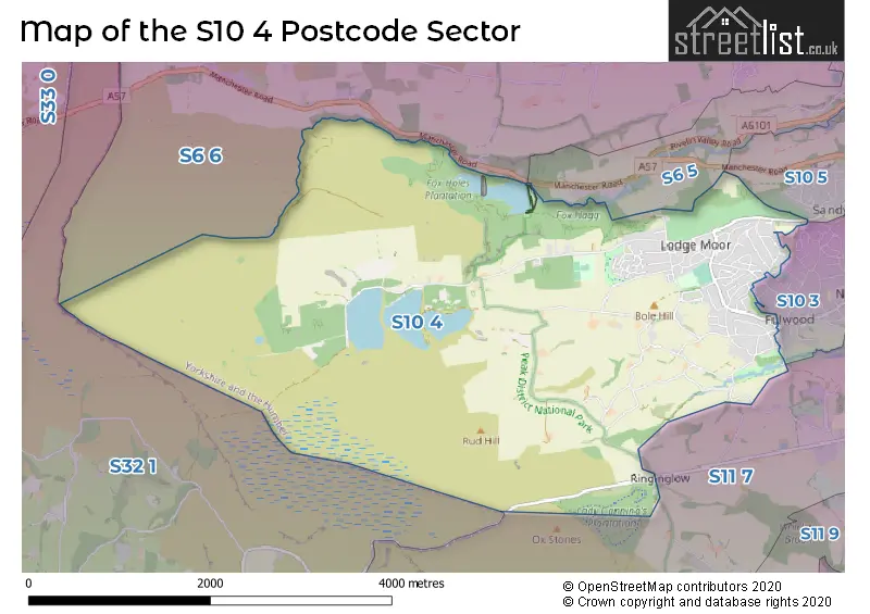 Map of the S10 4 and surrounding postcode sector