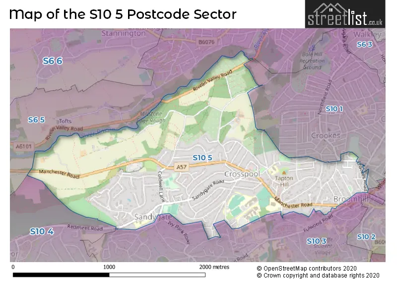 Map of the S10 5 and surrounding postcode sector