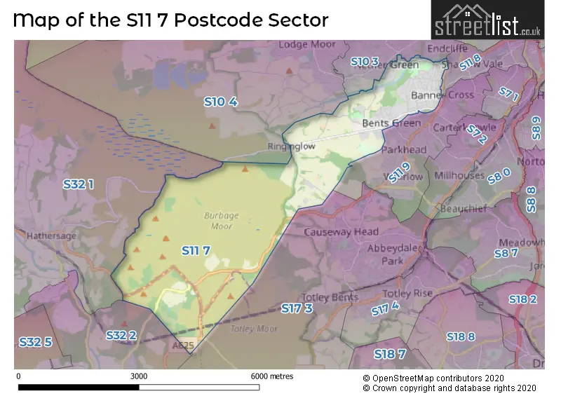 Map of the S11 7 and surrounding postcode sector