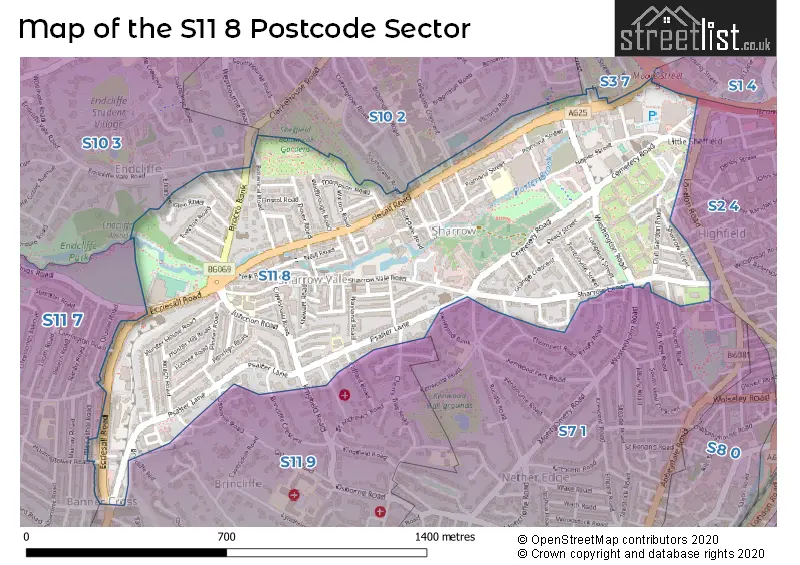 Map of the S11 8 and surrounding postcode sector