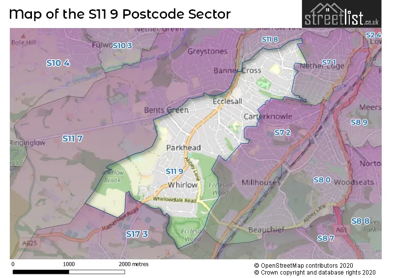 Map of the S11 9 and surrounding postcode sector