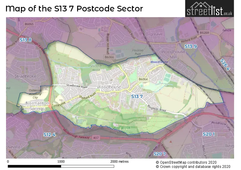 Map of the S13 7 and surrounding postcode sector