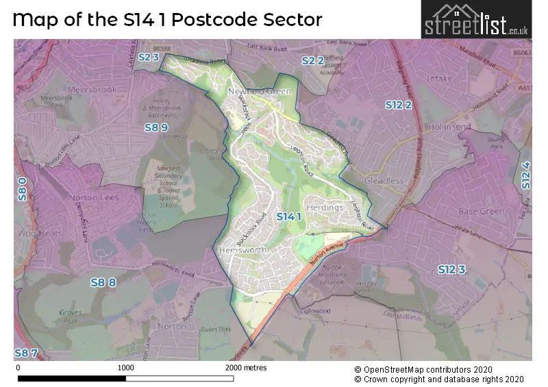 Map of the S14 1 and surrounding postcode sector