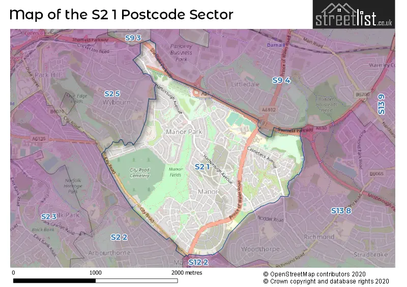 Map of the S2 1 and surrounding postcode sector
