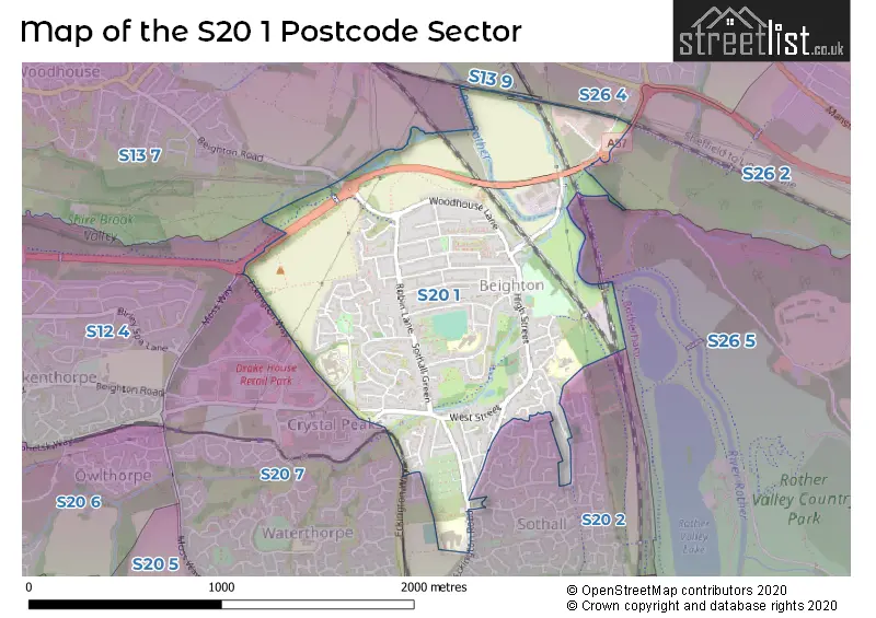 Map of the S20 1 and surrounding postcode sector