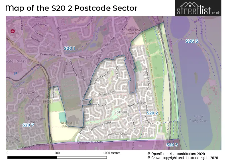 Map of the S20 2 and surrounding postcode sector