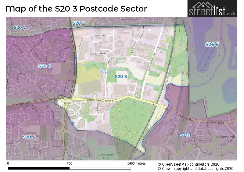Map of the S20 3 and surrounding postcode sector
