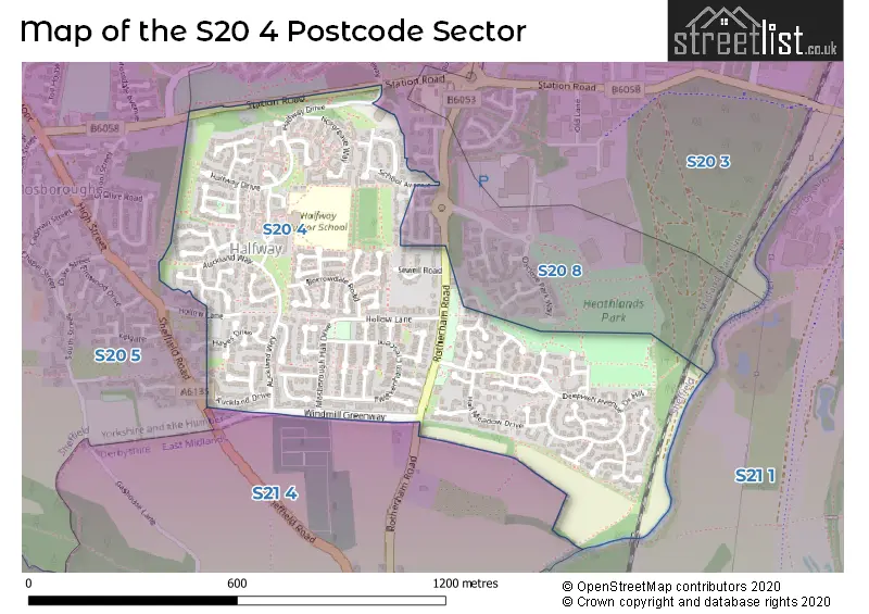 Map of the S20 4 and surrounding postcode sector