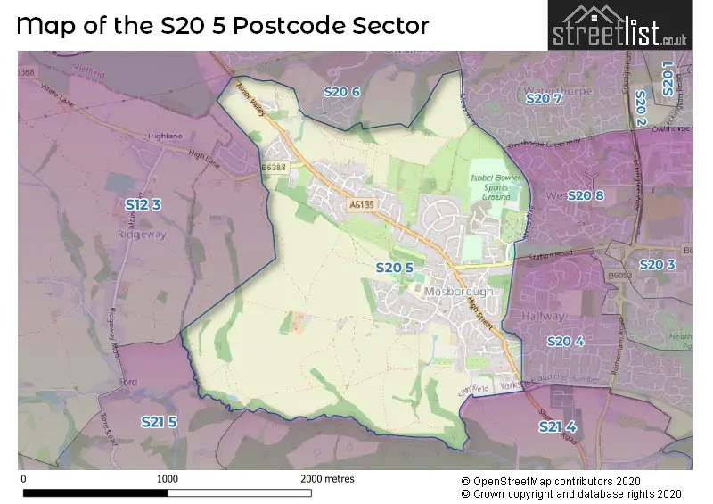 Map of the S20 5 and surrounding postcode sector