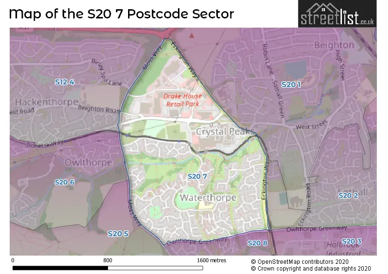 Map of the S20 7 and surrounding postcode sector
