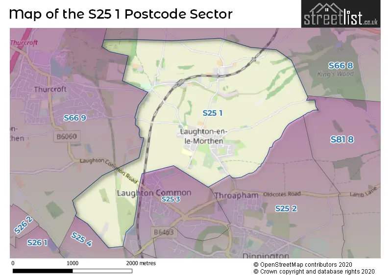 Map of the S25 1 and surrounding postcode sector
