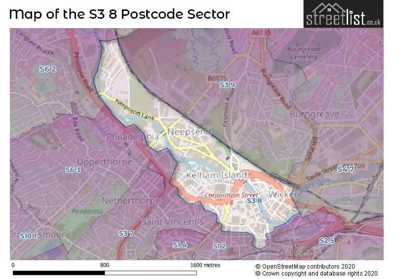 Map of the S3 8 and surrounding postcode sector