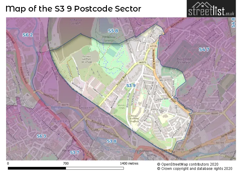 Map of the S3 9 and surrounding postcode sector
