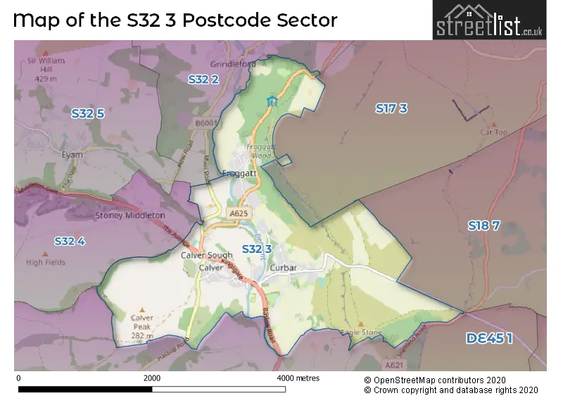 Map of the S32 3 and surrounding postcode sector