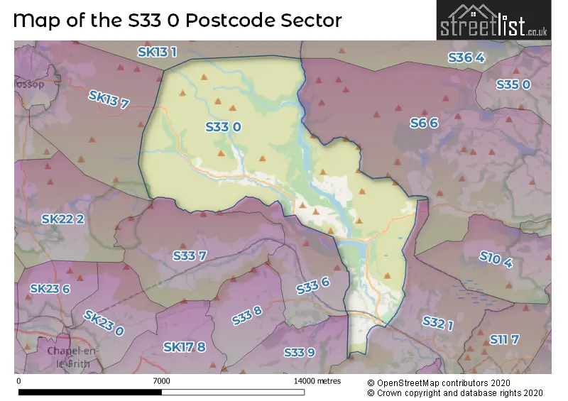 Map of the S33 0 and surrounding postcode sector
