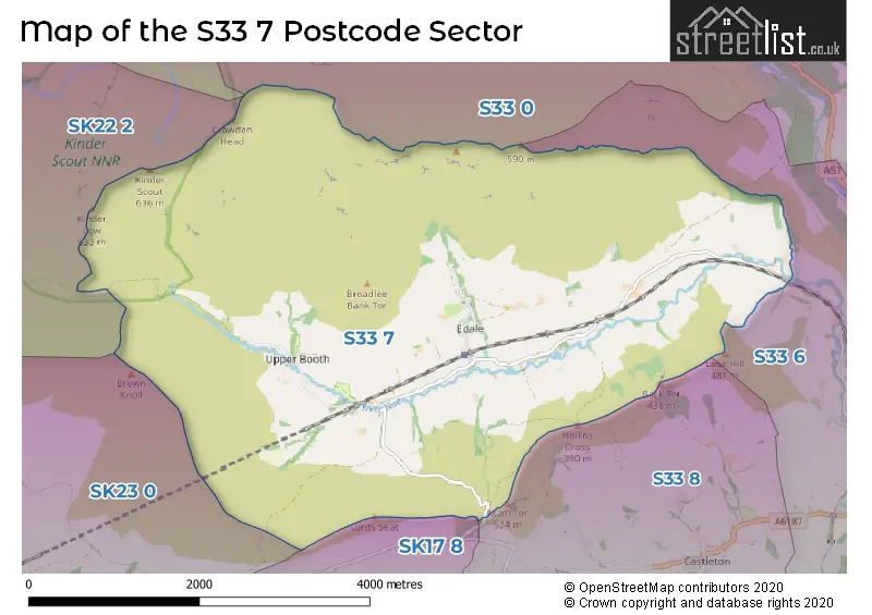 Map of the S33 7 and surrounding postcode sector