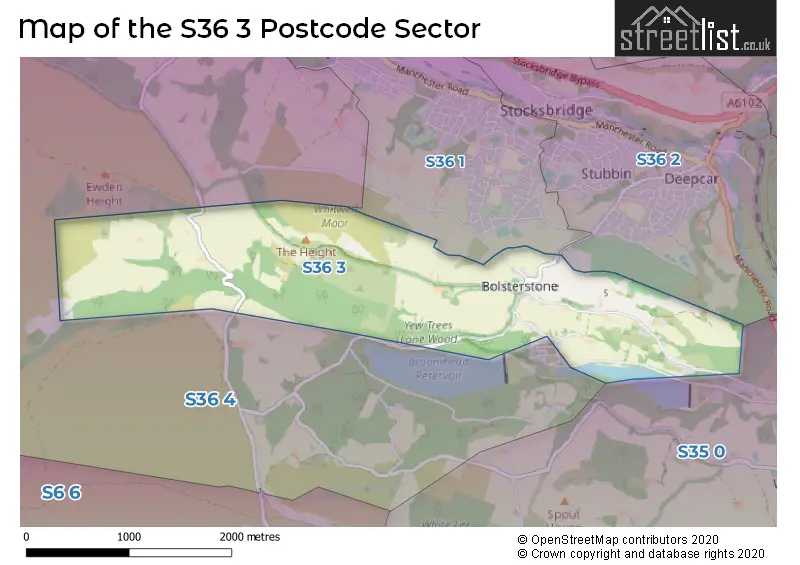 Map of the S36 3 and surrounding postcode sector